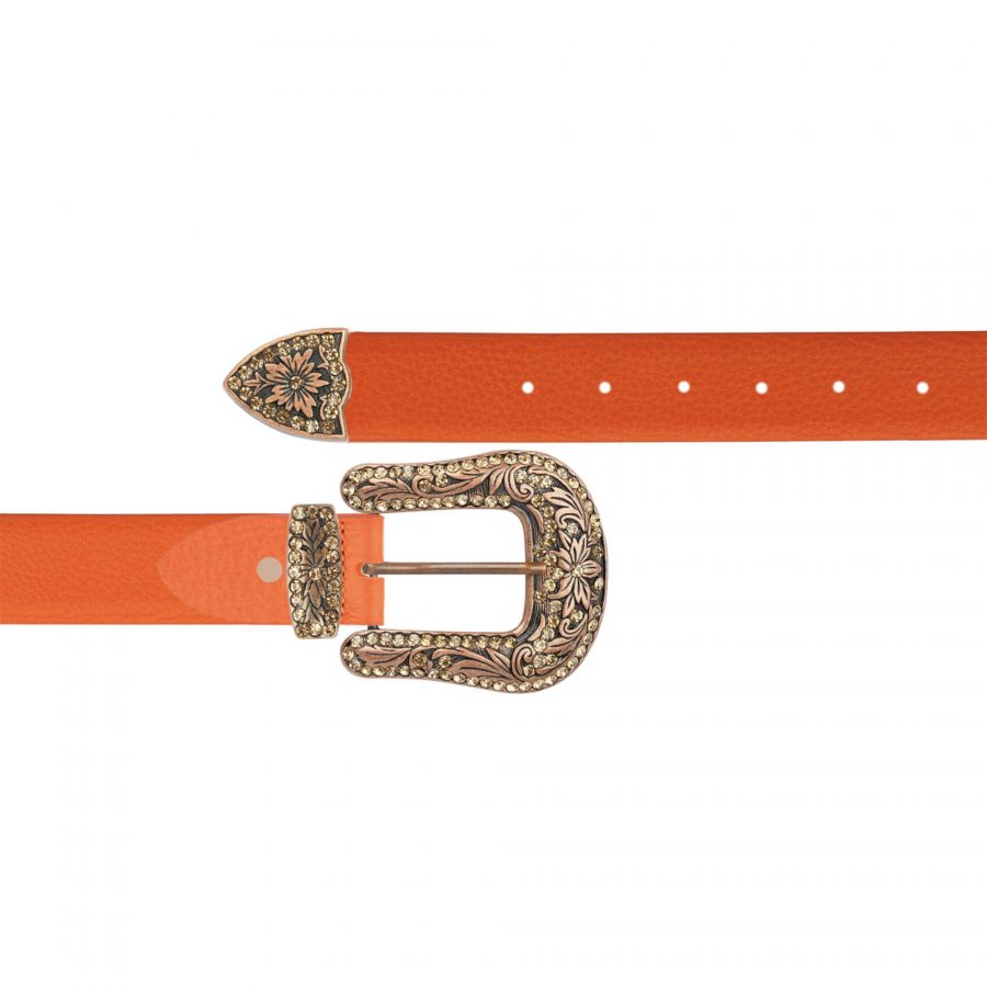 orange womens western belt with copper rhinestone buckle 1