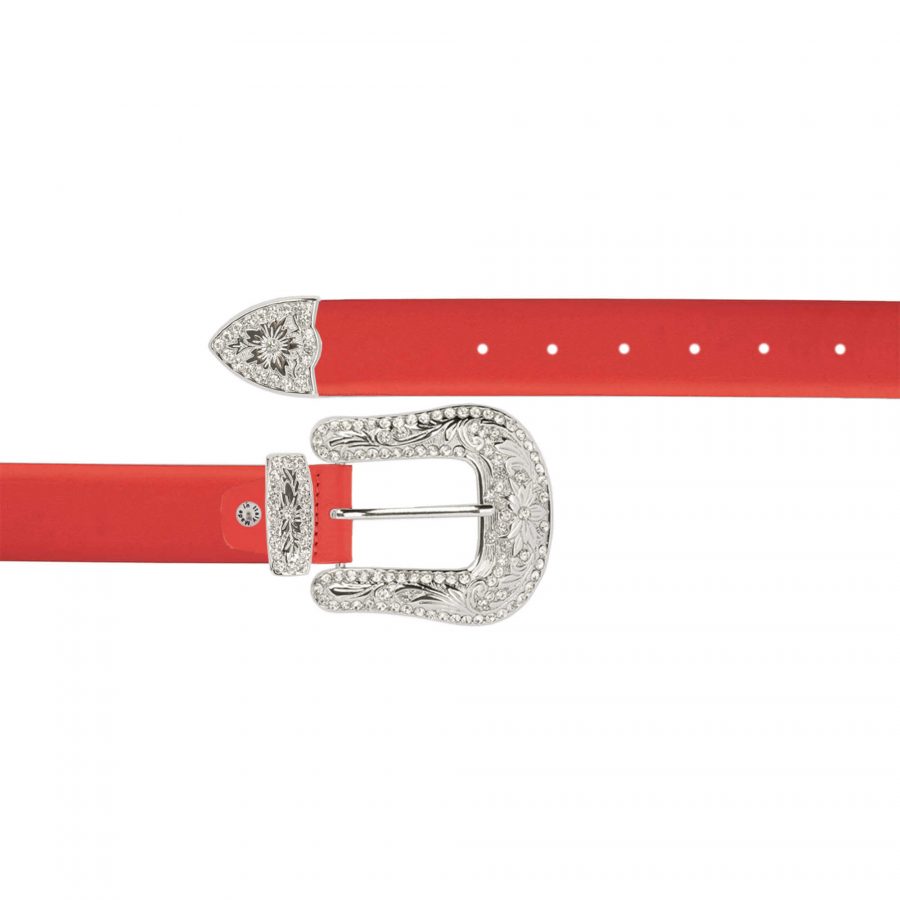 red leather silver crystal buckle belt for women 1