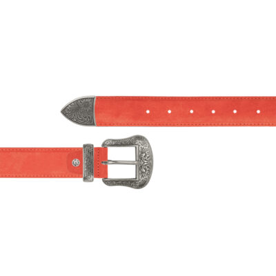 red suede womens western belt with silver buckle 1