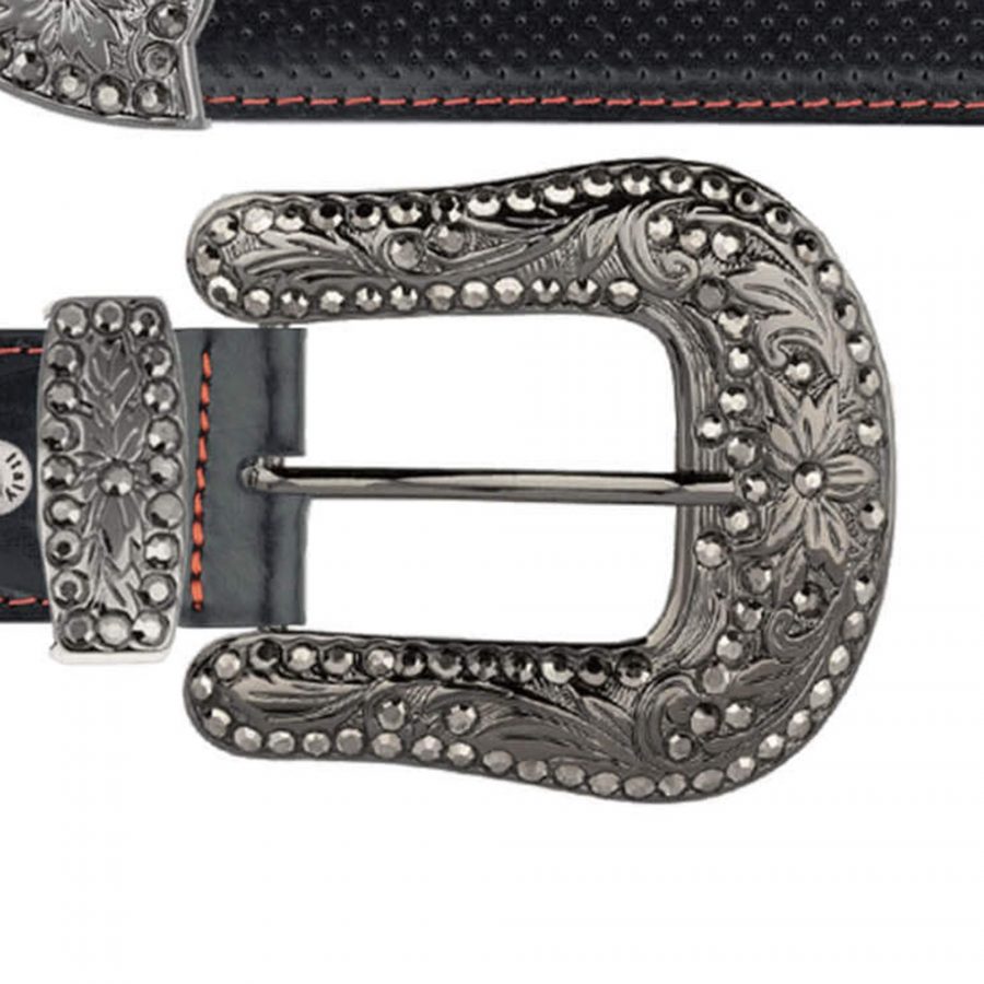 rhinestone cowboy belts for women black perforated leather copy