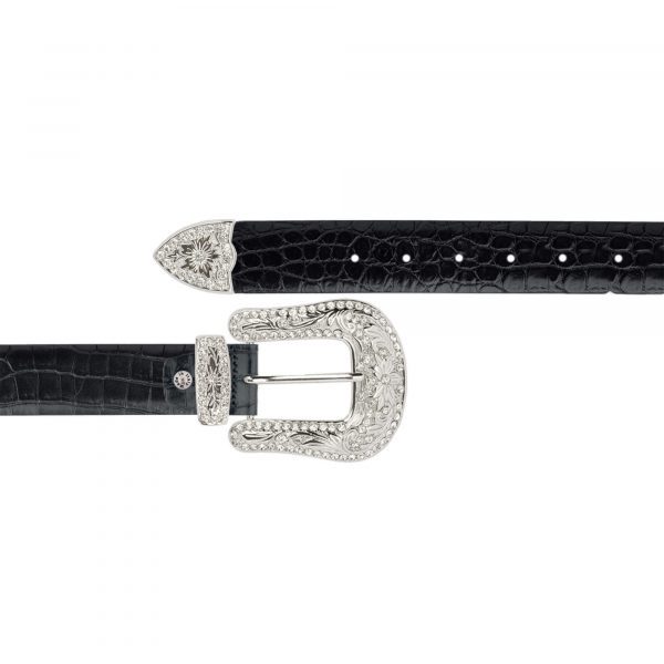 silver rhinestone buckle western belts black croco leather 1