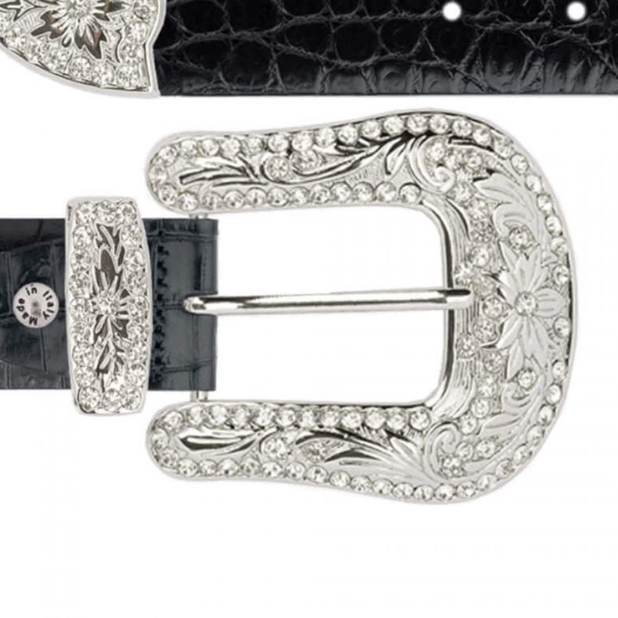 silver rhinestone buckle western belts black croco leather copy