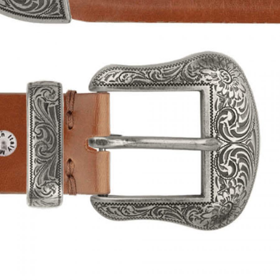 tan brown leather western belt with silver buckle copy