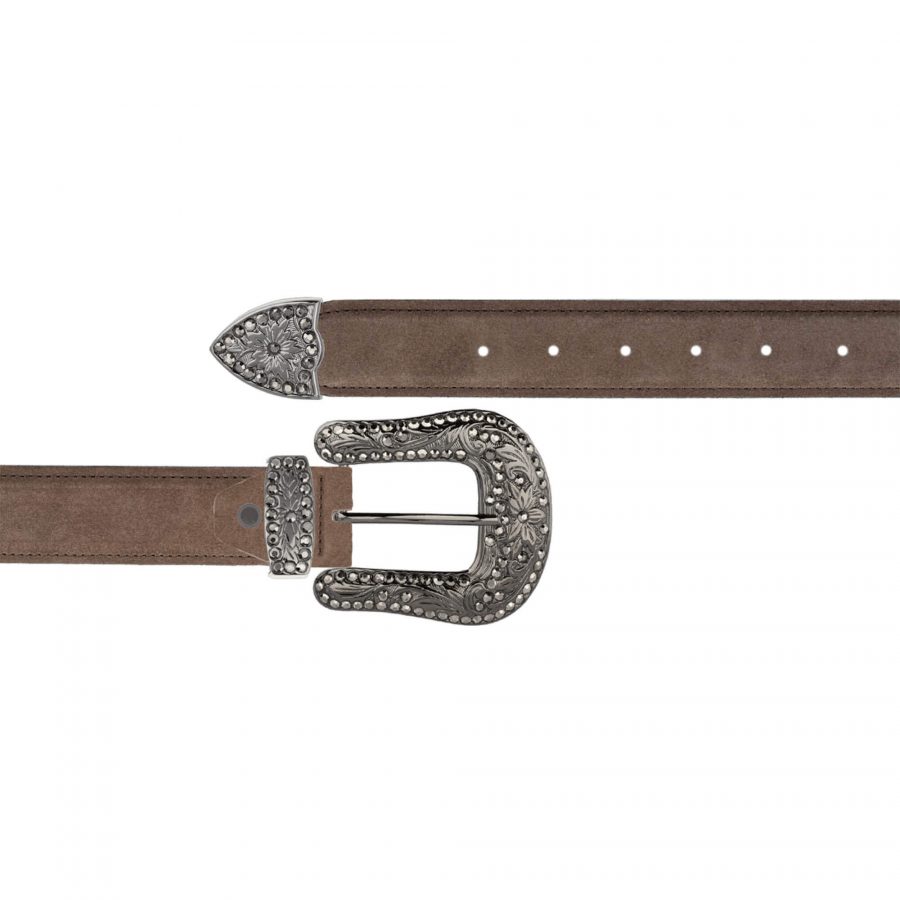 taupe brown suede belt with black crystal buckle 1