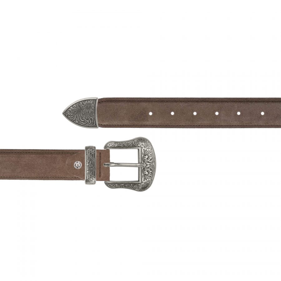 taupe brown western cowboy belt with antique silver buckle 1