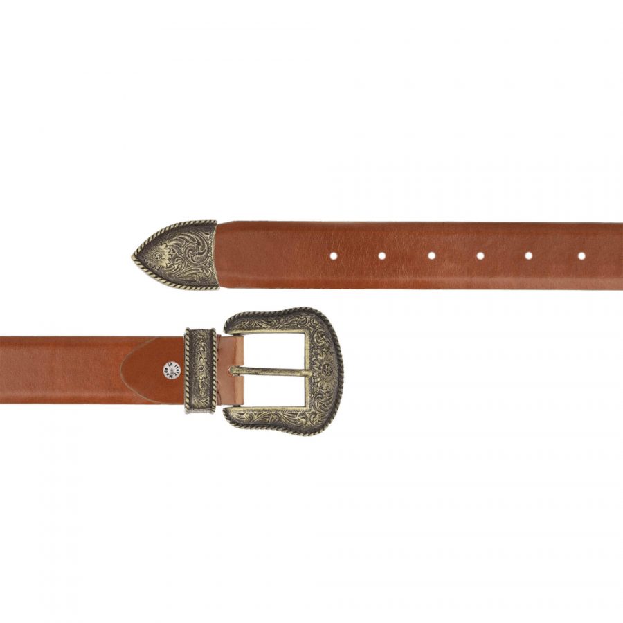 western cowboy tan leather belt with bronze buckle 1