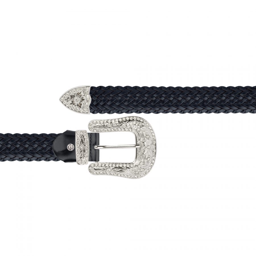 western white crystal buckle belt black braided leather 1