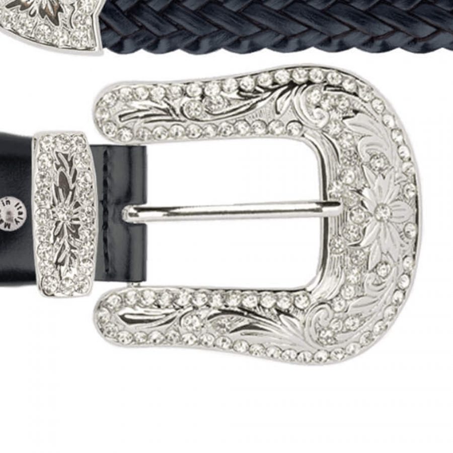 western white crystal buckle belt black braided leather copy