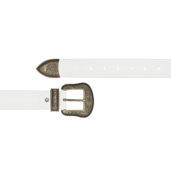 white cowboy western belt with gold antique buckle 1