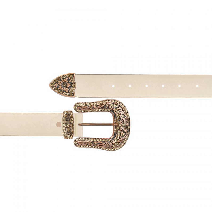 womens western taupe belt with copper crystal buckle 1