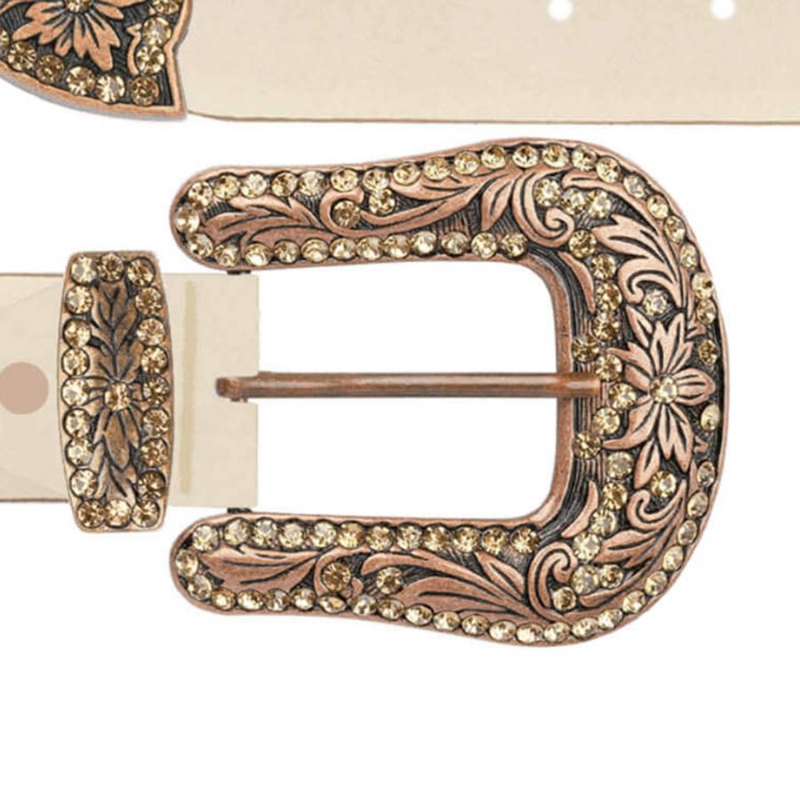 womens western taupe belt with copper crystal buckle copy