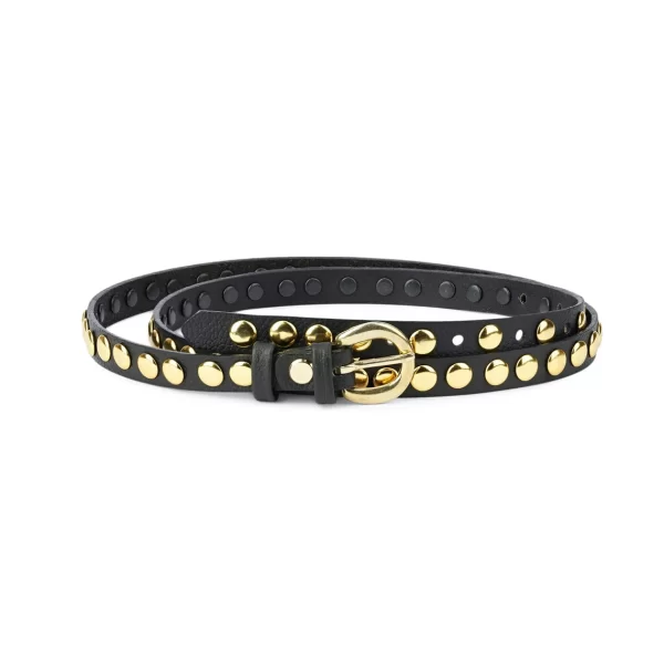 Womens Black Gold Studded Belt Brass Buckle 15 Mm 1