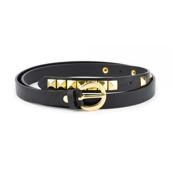 gold pyramid belt womens black genuine leather 1