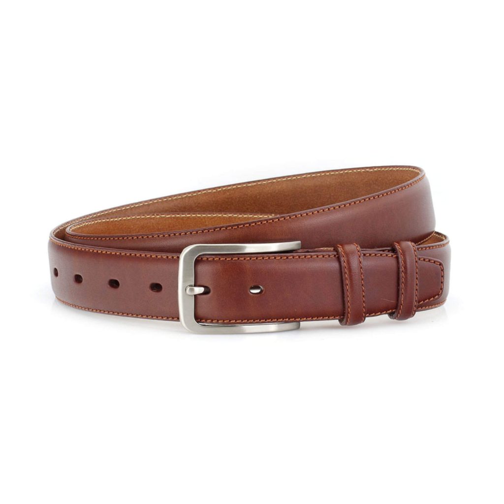 mens leather belt cognac stitched 1 3 8 inch 1