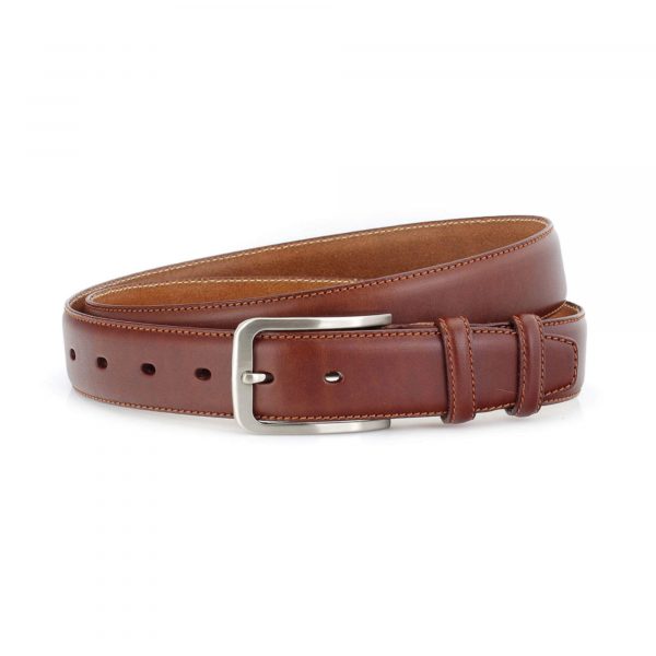 mens leather belt cognac stitched 1 3 8 inch 1