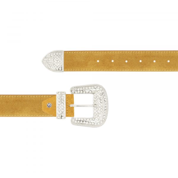 western mustard suede rhinestone buckle belt for ladies 1