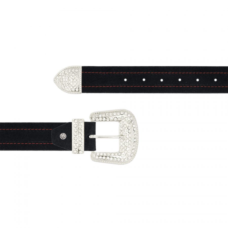 western rhinestone buckle belt black with red stitch 1