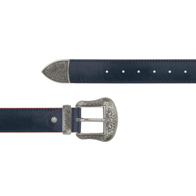 wide mens blue western belt with silver buckle 1
