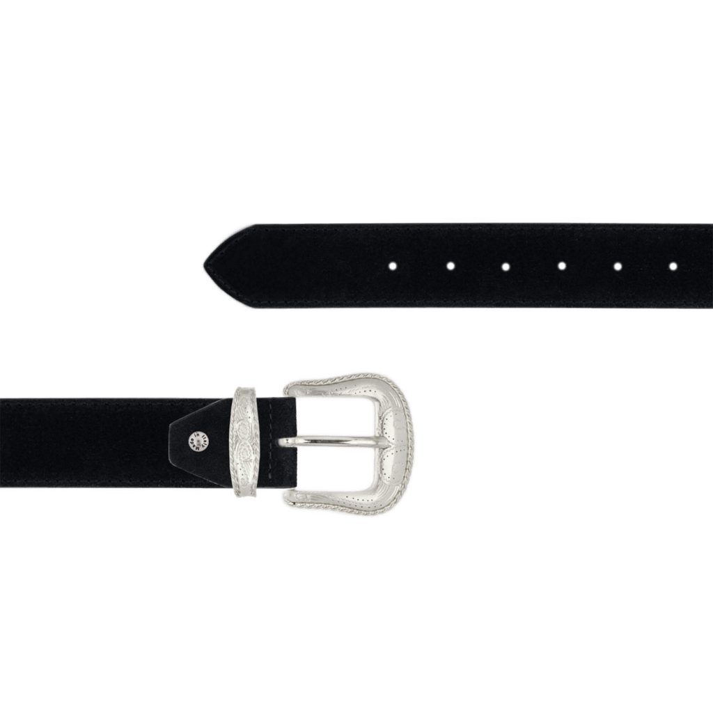 Buy Womens Black Designer Western Belt With Floral Buckle display picture 1