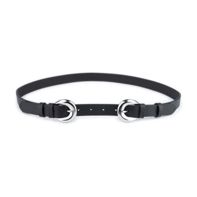 womens double buckle belt black genuine leather 1