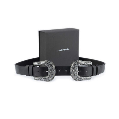 womens western belt double buckle black rhinestones 1