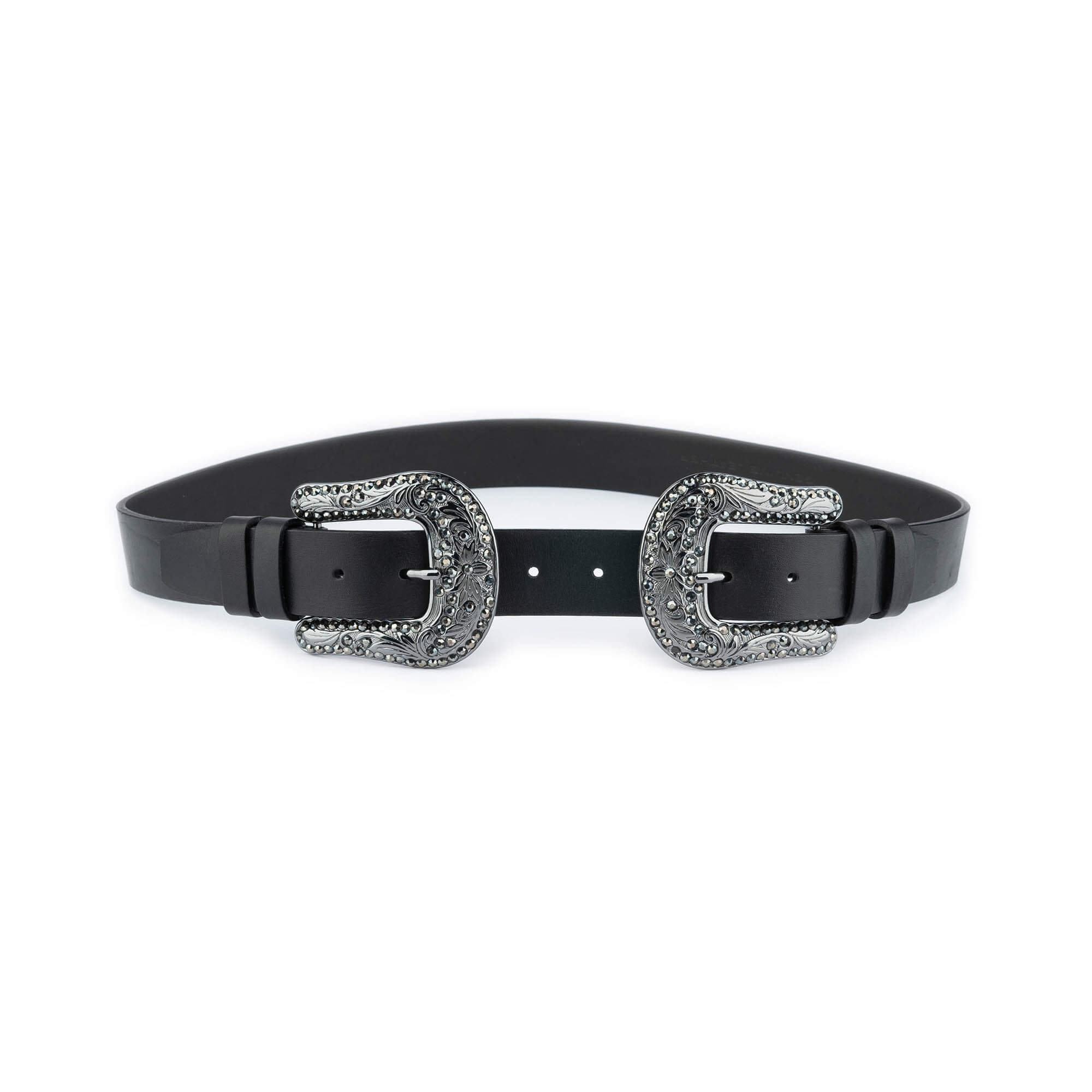 Womens Western Belt Double Buckle - Black Rhinestones 32 / 80 cm - Black