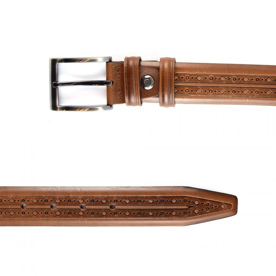 brown lasered geometric embossed calfskin belt for men 351098 3