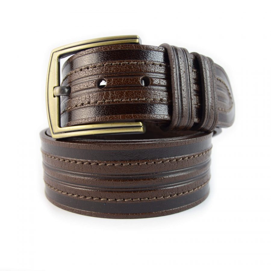 brown stamped leather belt with gold buckle 351130 1