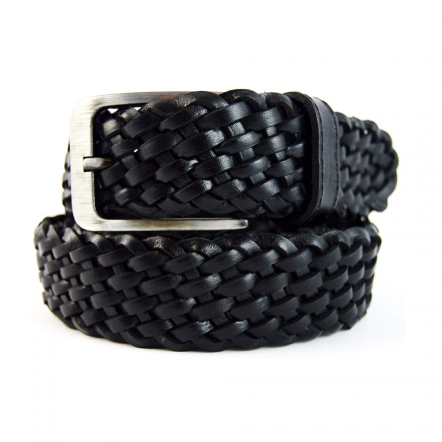 Buy Men Woven Belt - Silver Buckle Black Calfskin Leather