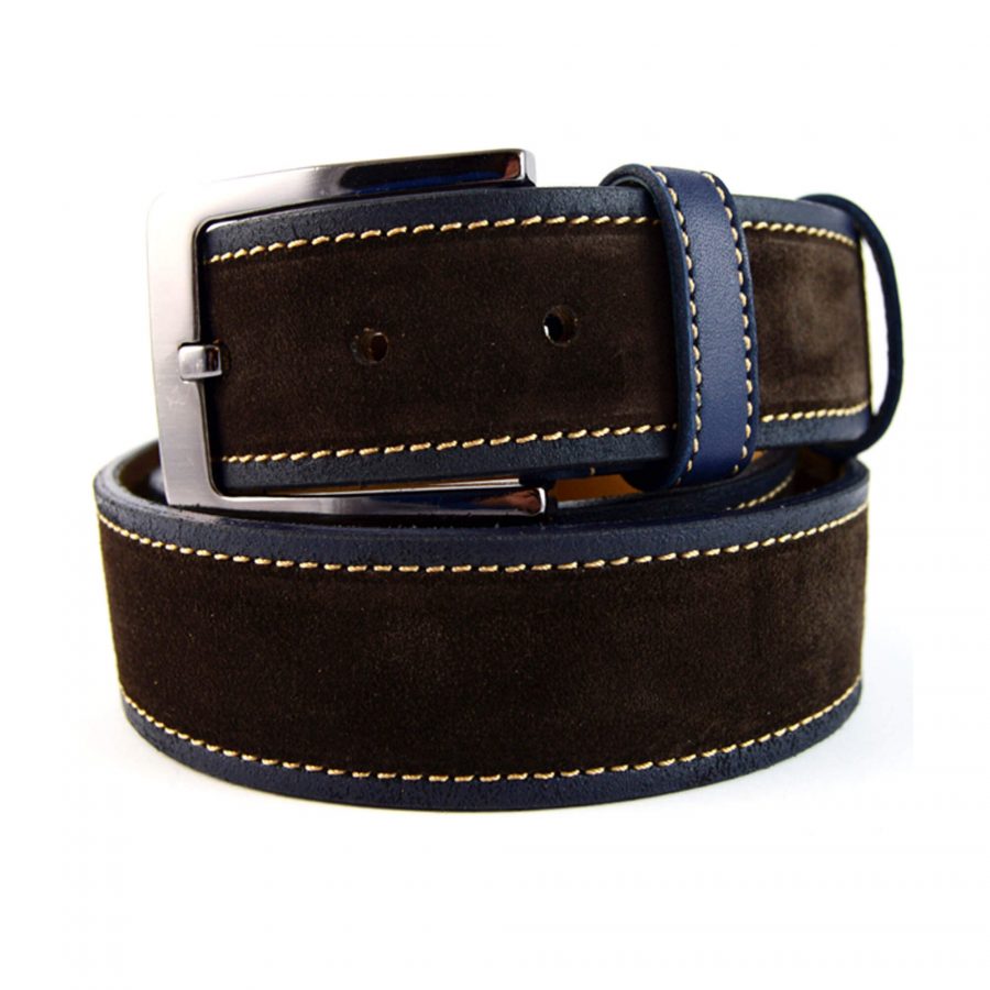 mens leather belt brown suede with blue 351036 1