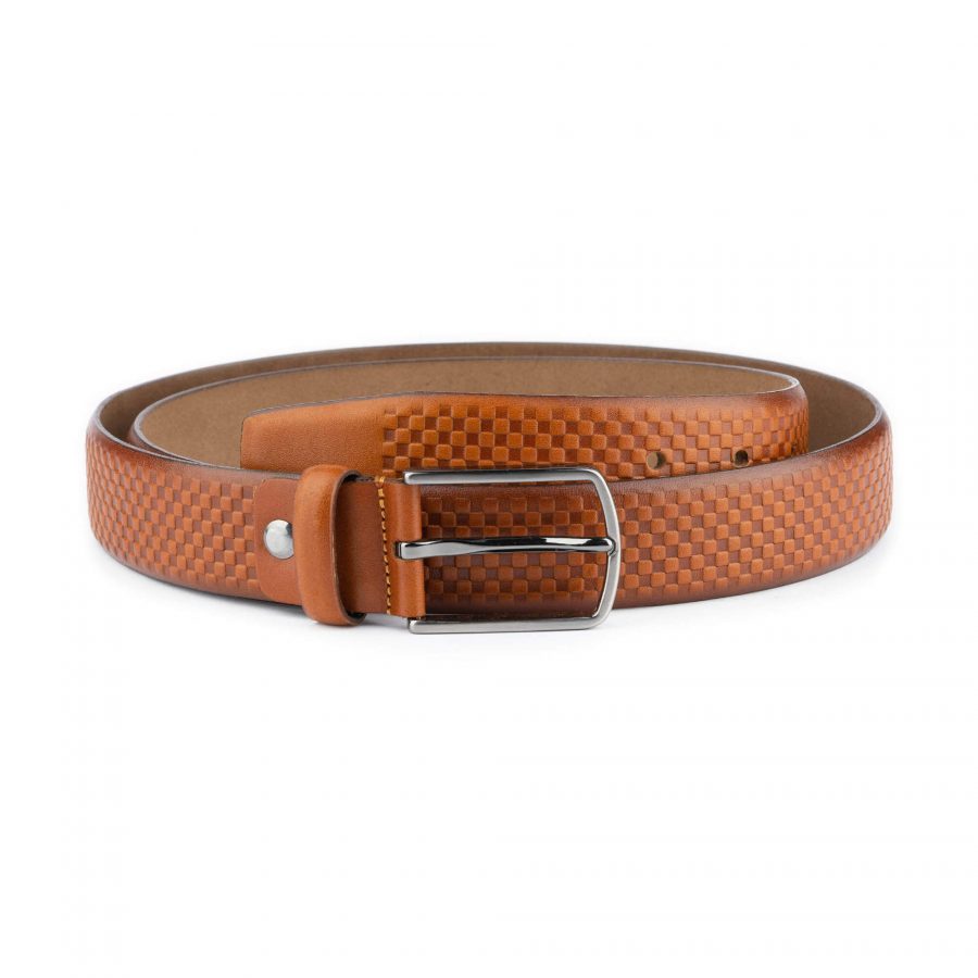 mens light brown check embossed leather belt 1 28 40 usd75 BR351103YR