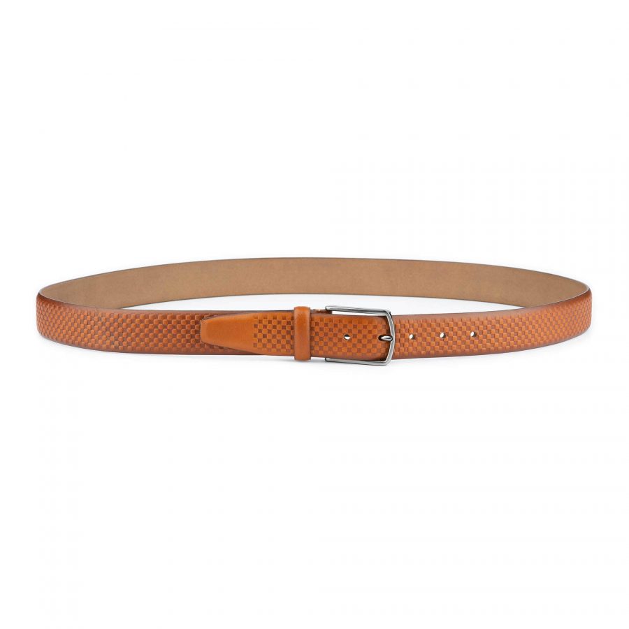 mens light brown check embossed leather belt 2