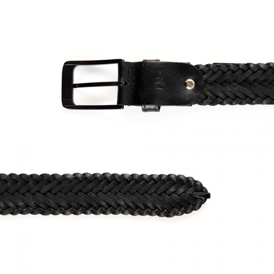 mens woven leather belt black calfskin 351031 3