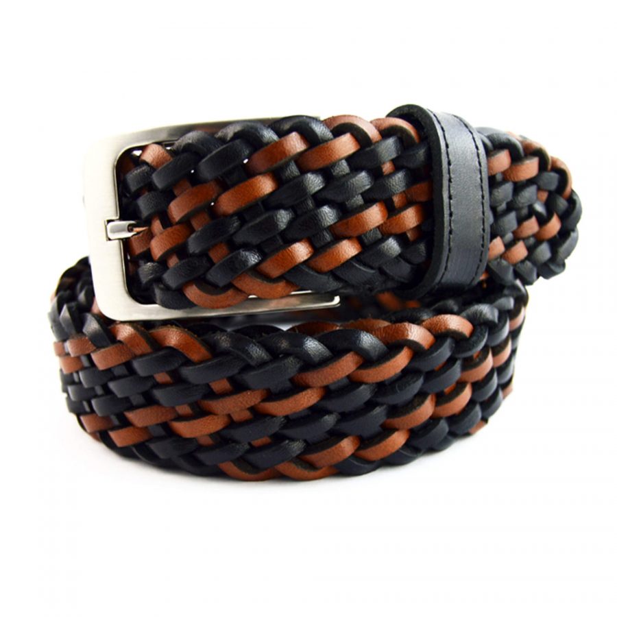 woven male belt black brown leather 351009 1