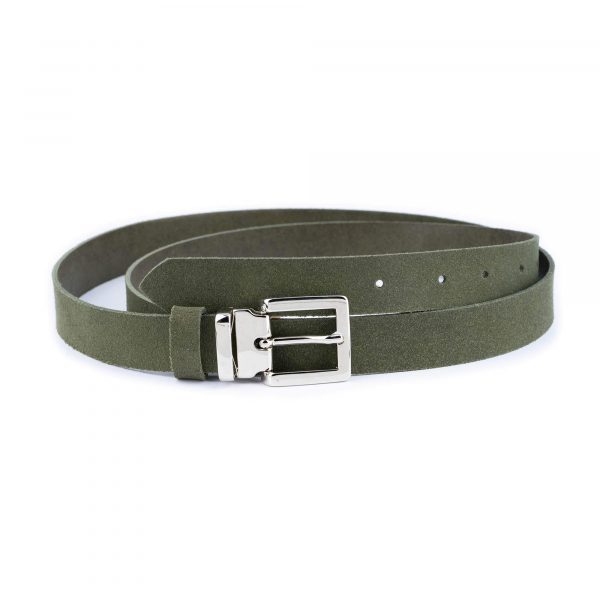 olive green suede leather belt with square buckle 1 OLISUE25SILLDR