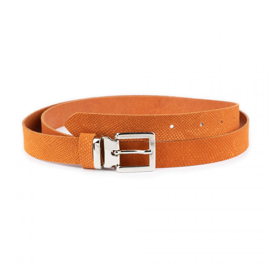 orange snakeskin suede embossed belt with clasp buckle 1 ORASNA25SILLDR