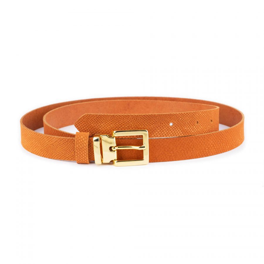 orange snakeskin suede embossed belt with gold buckle 1 ORASNA25GOLLDR