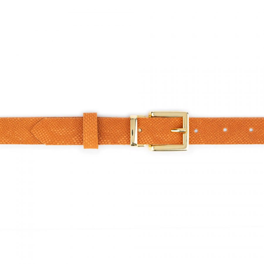 orange snakeskin suede embossed belt with gold buckle 2