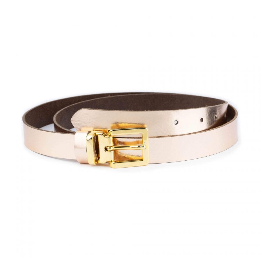 rose gold metallic leather belt with gold buckle 1 ROSGOL25GOLLDR
