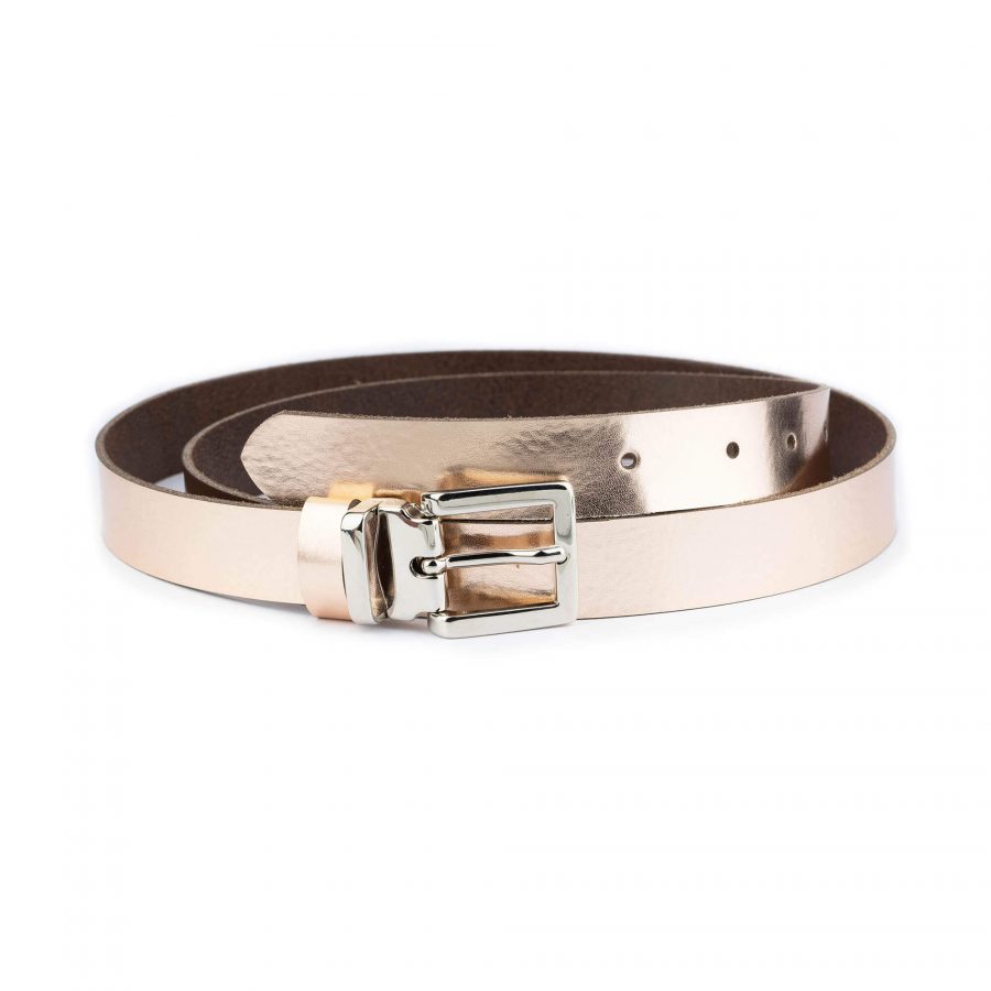 rose gold metallic leather belt with silver buckle 1 ROSGOL25SILLDR