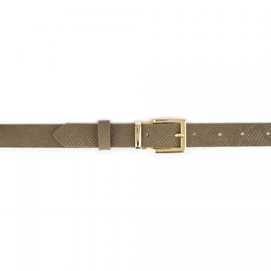 snake emboss khaki green suede leather belt with gold buckle 2