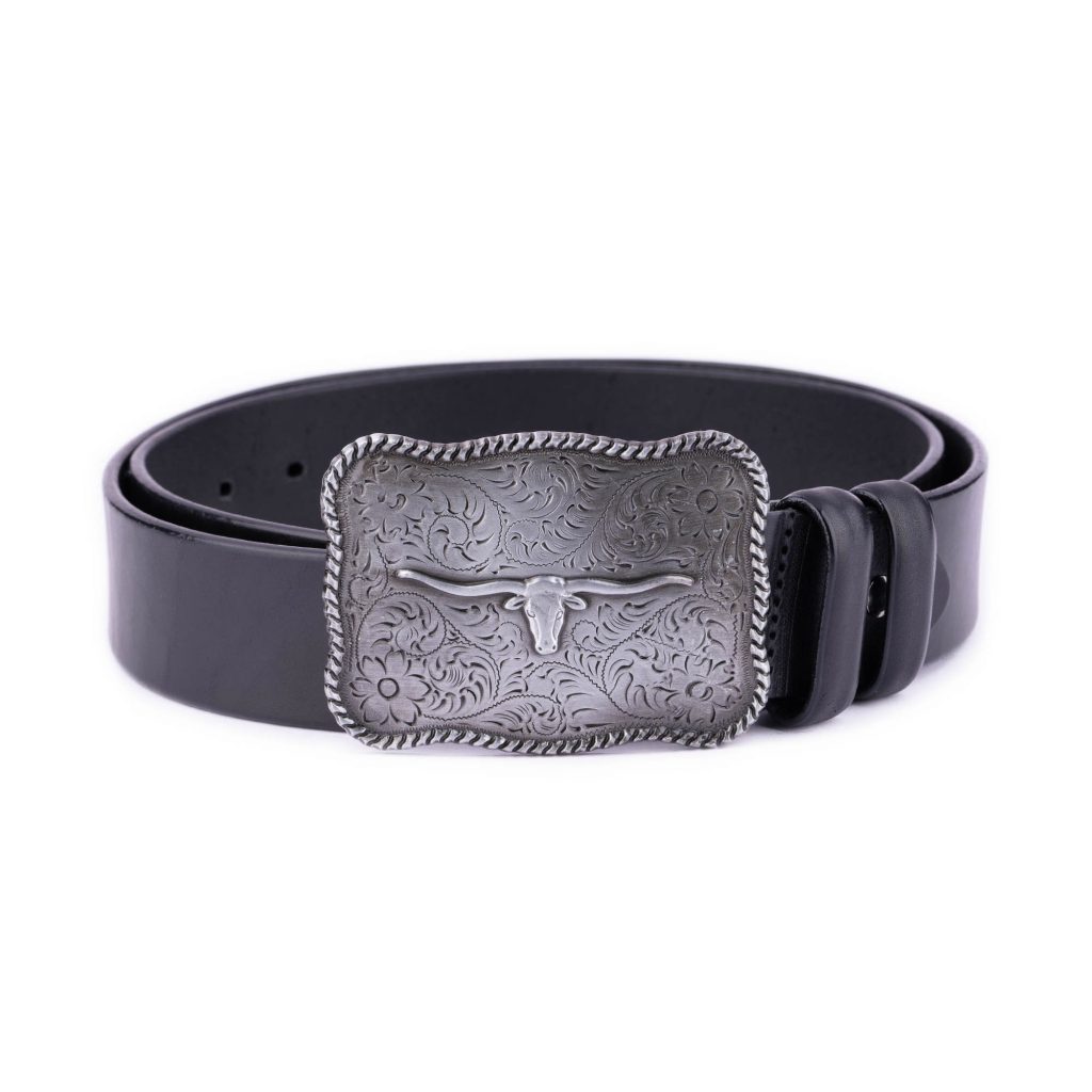 Buy Black Mens Western Belt With Silver Longhorn Buckle