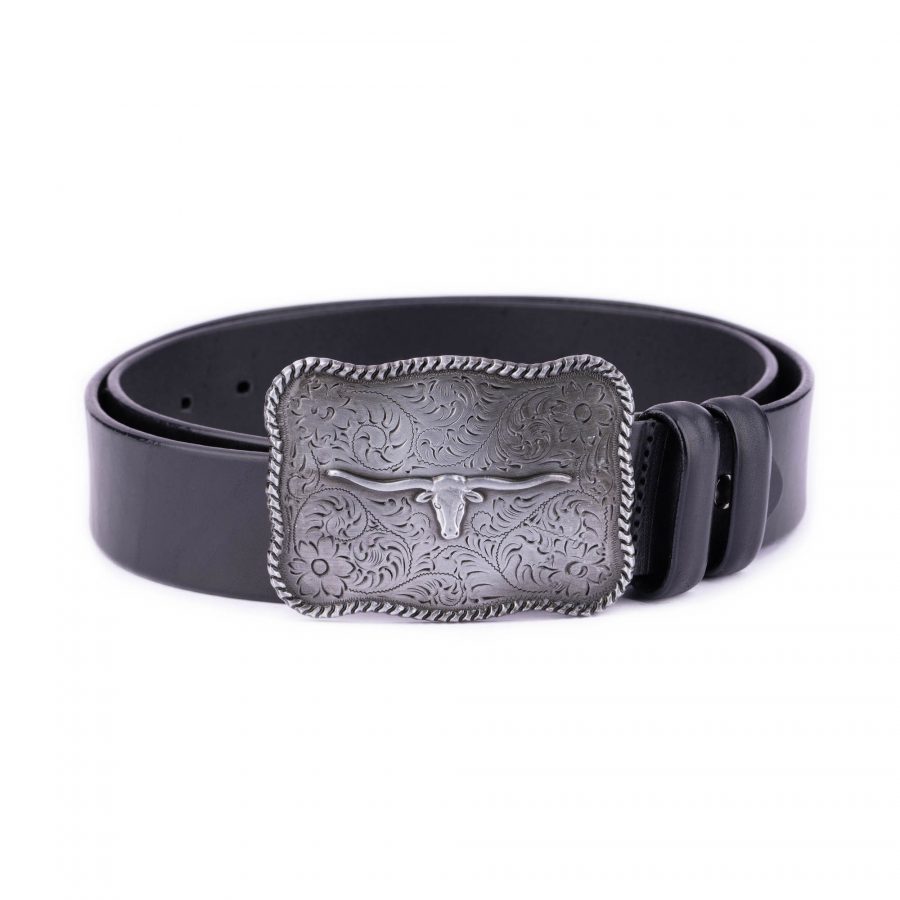 black mens western belt with silver longhorn buckle 1 28 40 LNGPLQ4011BLAAML USD55