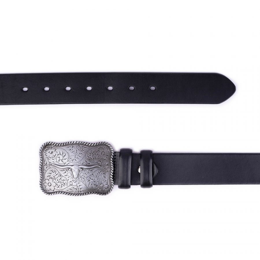 black mens western belt with silver longhorn buckle 3