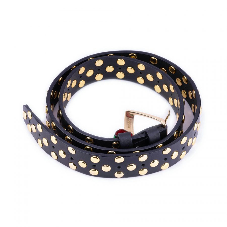 gold studded belt with golden buckle black leather 10