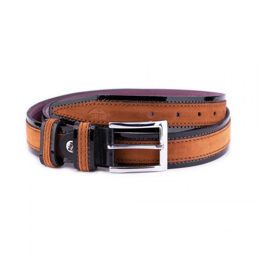 mens luxury belt patent leather with beige suede 1 LUXSUE35BEIMDS 95USD