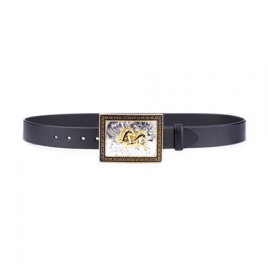 thick black leather belt with large western horse buckle 2