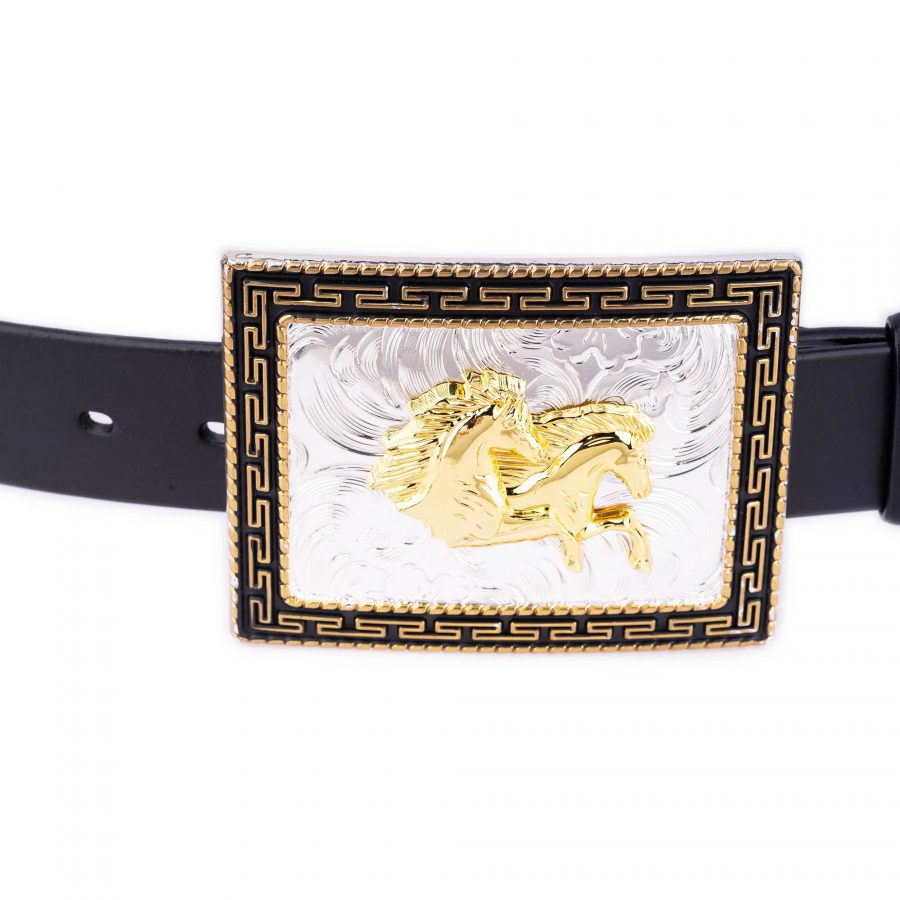 thick black leather belt with large western horse buckle 3