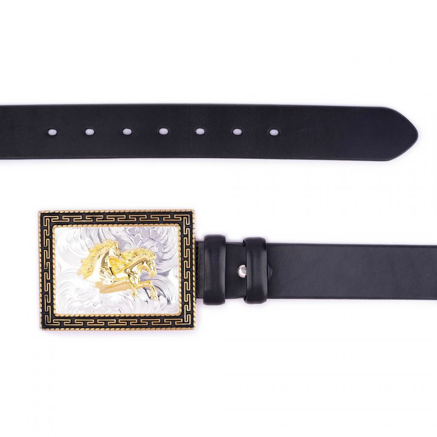 thick black leather belt with large western horse buckle 4