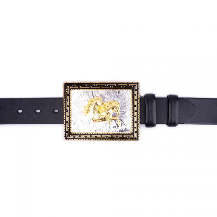 thick black leather belt with large western horse buckle 5